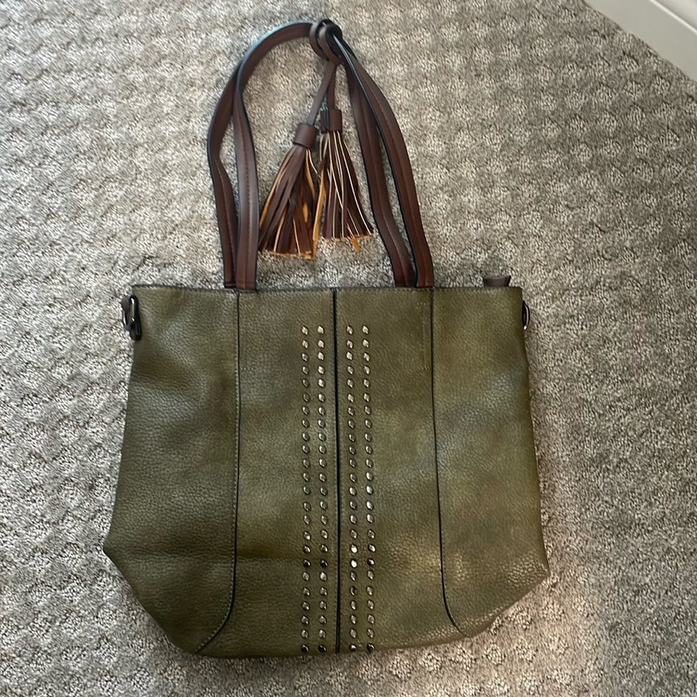 Large army green bag with fringe accents